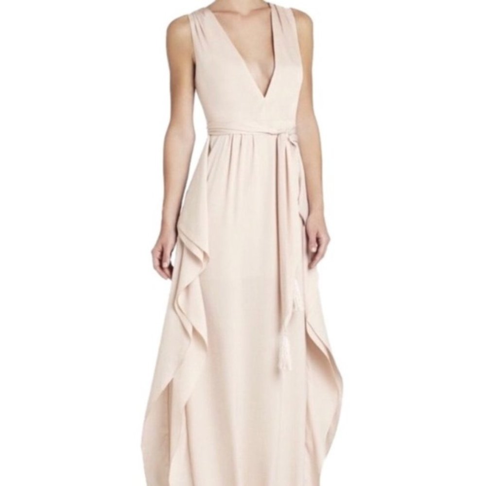 BCBG Suzanne Bare Nude Pink Deep V Dress + wedding guest